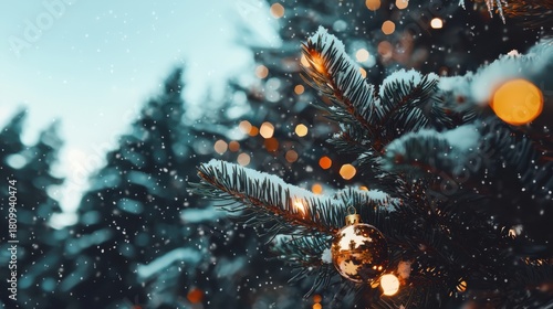 Festive holiday celebration winter wonderland christmas background snowy landscape cozy atmosphere decorated fir tree
