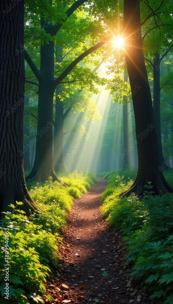 Naklejka premium Sun-dappled forest path winding through ancient trees, sunlight filtering through leaves, creating a magical atmosphere Perfect for nature, travel, and environmental themes , environment, trees