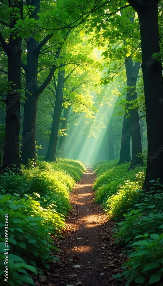 Naklejka premium Sun-dappled forest path winding through lush greenery, dappled sunlight filtering through leaves, creating a magical atmosphere Perfect for fantasy, nature, and adventure themes , vegetation, trunk