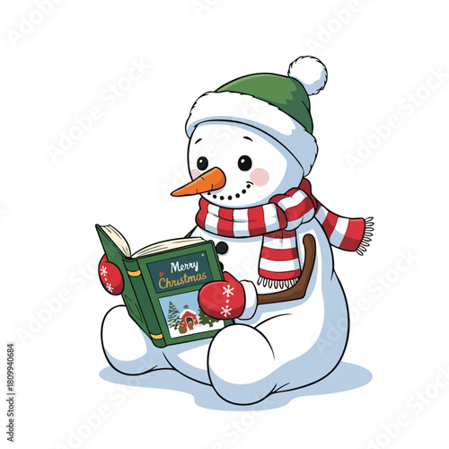 Snowman Reading a Christmas Book.
