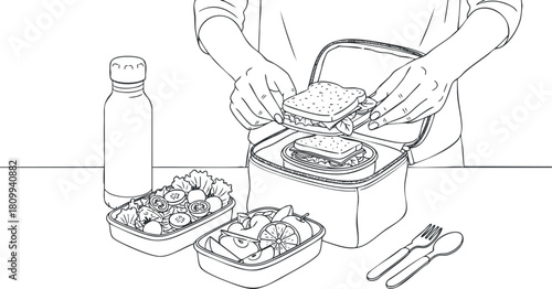 Outline illustration of a person packing a healthy lunch into a lunchbox with sandwiches, fruits, and a water bottle