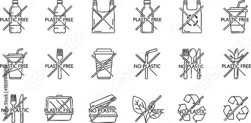 Minimalist outline vector icon set promoting plastic-free and eco-friendly practices for food and beverage packaging and consumption