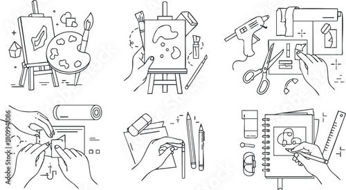 Outline vector illustration of hands engaging in various art and craft activities, perfect for design and educational projects