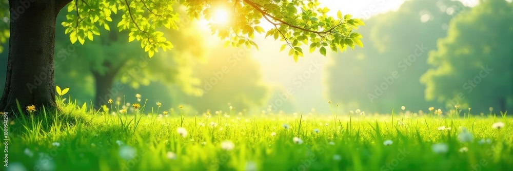 Fototapeta premium Sunlight dapples a lush meadow, delicate branches reaching towards the sky, creating a tranquil and idyllic scene Perfect for nature, spring, or environmental themes , rural, summer