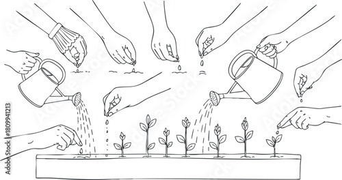 Line art illustration depicting hands nurturing seedlings through watering and planting, ideal for gardening themes and eco-friendly projects