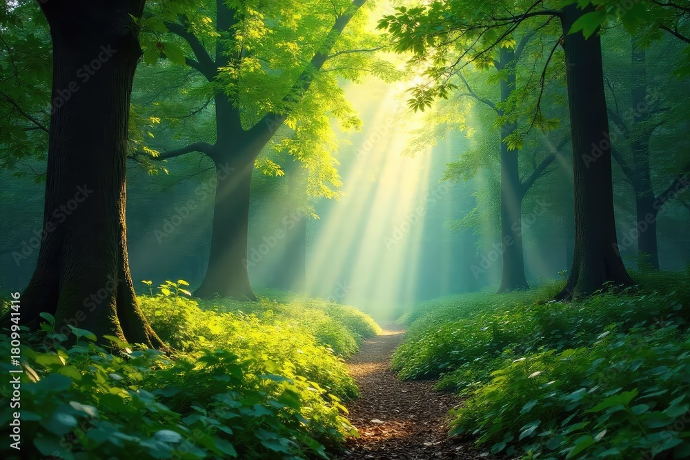 Fototapeta premium Sunlight dapples through the leaves of a lush, green forest, creating a magical, serene atmosphere Perfect for nature, travel, and environmental themes , canopy, trail