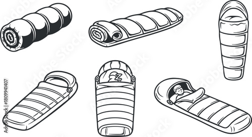 Outline vector illustration of various sleeping bags for outdoor adventures, suitable for camping and travel designs