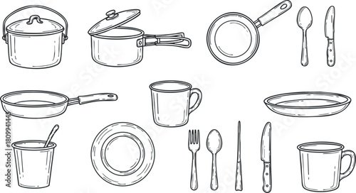 Hand-drawn vector illustration of kitchen utensils and cookware including pots, pans, plates, and cutlery for culinary designs