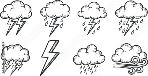 Set of hand-drawn vector icons featuring clouds, lightning, and rain for weather-related design projects
