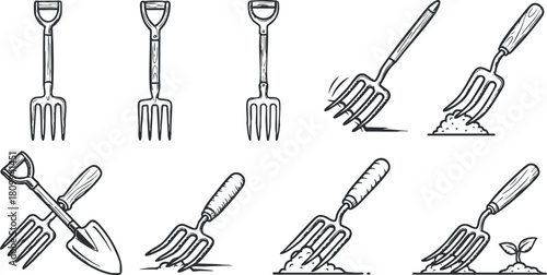 Hand-drawn vector illustration set of gardening tools including forks, shovels, and planting icons for agricultural design projects