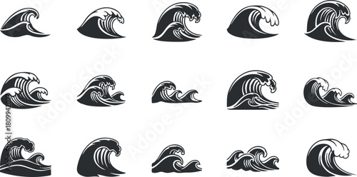 Collection of black and white vector illustrations of stylized ocean waves suitable for design and branding projects