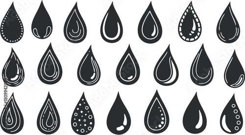 Stylish vector collection of various water drop icons in a modern minimalist style for graphic design projects
