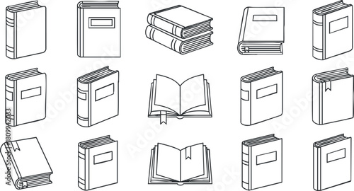 Outline vector icon collection of various book designs for educational and literary projects
