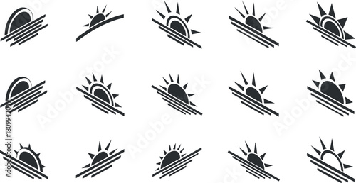 Collection of minimalist black and white vector icons depicting sun and sunrise designs for branding and graphic projects