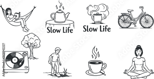 Vector illustration set depicting the slow life concept featuring relaxation activities like reading, gardening, and meditation.