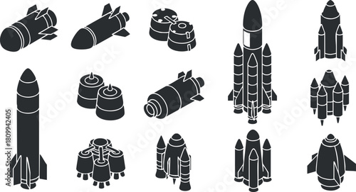 Collection of black and white vector illustrations of various rockets and missiles for technology and aerospace design projects