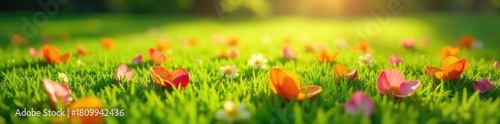 Vibrant flower petals scattered on lush green grass in a sun-drenched garden, creating a picturesque natural scene perfect for spring or summer themes ,  sunshine,  floral,  green
