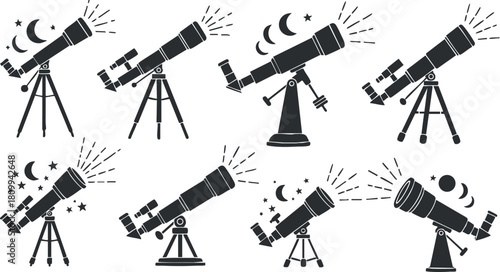 Vector illustration set of telescopes for astronomy and stargazing in a minimalist flat design style