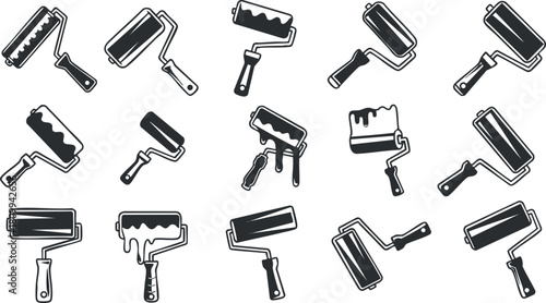 Stylized vector illustration of paint rollers in various designs, ideal for home improvement and renovation projects.