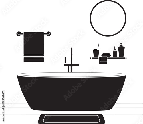 Minimal Black Silhouette Vector Set of Bathroom Decor Version 2 Bathtub Towel Rack Mirror Soap Dish Toothbrush Cup Lotion Bottle Vase Mat