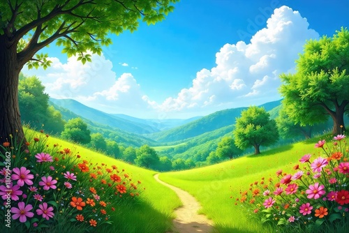 Vibrant summer scene with lush greenery, blooming flowers, and a bright blue sky Perfect for travel, vacation, and summer-themed projects , garden, botany