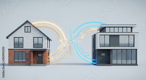 Modern house exchange concept with arrows, isolated on white background, representing property swap or real estate. 1031 Exchange