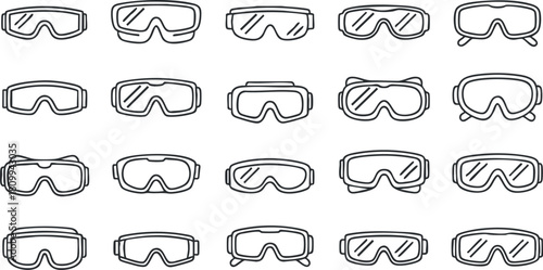 Collection of minimalist line art vector illustrations of various goggles for sports and outdoor activities