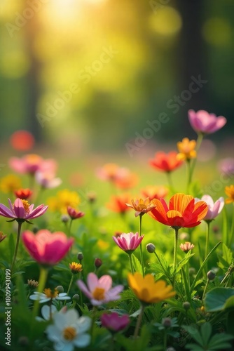 Vibrant wildflowers bloom in a lush meadow bathed in the warm sunlight of springtime Perfect for themes of renewal, growth, and the beauty of nature's awakening , colorful, wildflowers, field