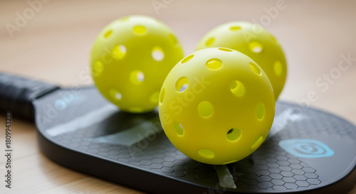 Three yellow pickleballs sit on top of a black pickleball paddle
