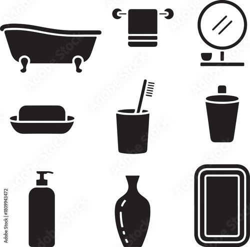 Minimal Black Silhouette Vector Set of Bathroom Decor Bathtub Towel Rack Mirror Soap Dish Toothbrush Cup Lotion Bottle Vase Mat