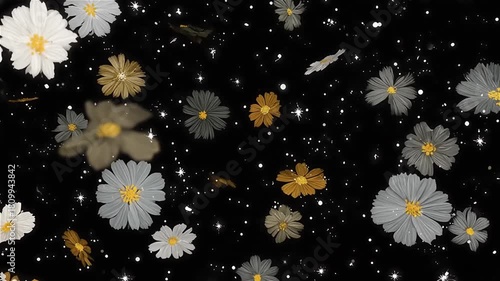 Patrón de Flores Nocturnas y Estrellas flotando en el espacio / Night Flowers and Stars Pattern