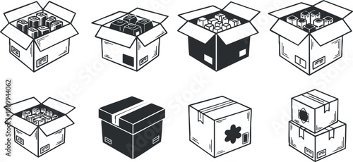 Collection of minimalist black and white vector illustrations of various box designs for packaging and shipping concepts
