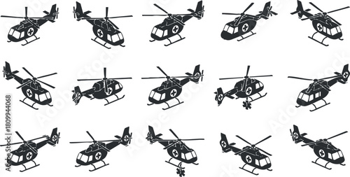 Collection of minimalist black and white vector illustrations of helicopters, suitable for aviation and emergency services design projects