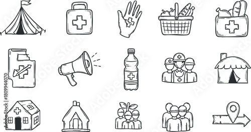 Outline vector illustration set of healthcare and emergency symbols for community support, wellness events, and first aid services