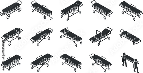 Vector illustration set featuring various designs of stretchers and medical transport equipment for healthcare and emergency services