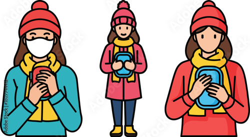 Three women wearing winter clothing and holding containers standing in front of a dark background, two with smiles and one with a mask, isolated on a transparent background