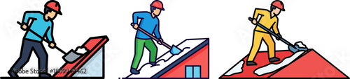 Three construction workers removing snow from rooftops using shovels, outdoor setting with a clear blue sky, colorful illustration on a transparent background