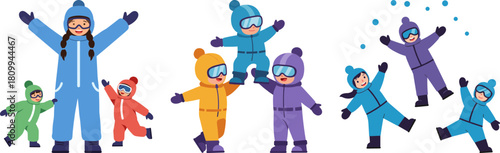 Children playing joyfully in colorful winter clothing and goggles, having fun in the snow, celebrating winter, on a transparent background