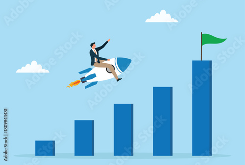 Vector illustration of a businessman riding a rocket soaring upward over rising bar charts toward a success flag, symbolizing rapid growth, breakthrough performance, achieving ambitious business goals