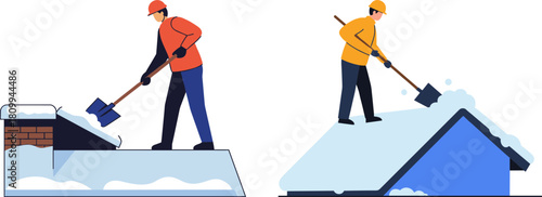 Two workers shoveling snow from roofs in winter, one in red and one in yellow, outdoors in a snowy setting, isolated on a transparent background.