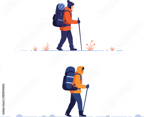 Two hikers walking on a trail with backpacks, one in winter gear and one in autumn clothing, outdoors in daylight, isolated on white background during adventure in nature