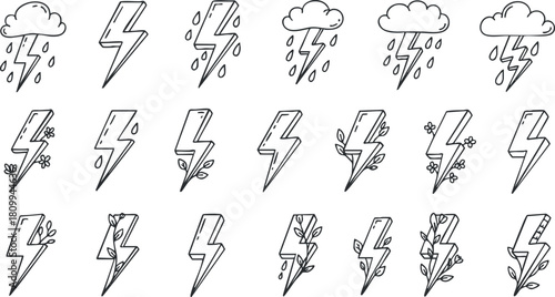 Set of minimalist vector icons depicting lightning bolts, rain clouds, and floral elements for weather-themed design projects