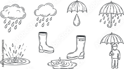 Hand-drawn vector illustration set featuring rain-related elements including clouds, umbrellas, boots, and water symbols for weather concepts
