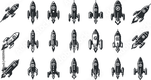 Vector illustration collection of black and white rocket icons in various styles for technology and innovation themes