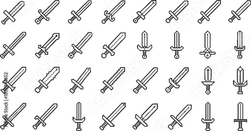 Collection of outline vector illustrations featuring various sword designs for game, fantasy, or medieval-themed projects