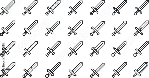 Set of minimalist outline vector illustrations featuring various sword designs for gaming and fantasy themes