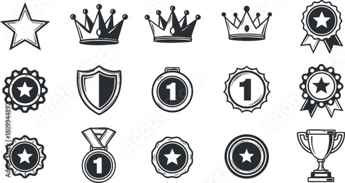 Collection of monochrome vector icons featuring awards, trophies, badges, and crowns for achievement and recognition designs