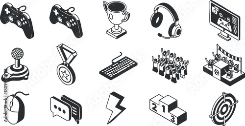 Black and white vector icon set featuring gaming elements like controllers, trophies, headphones, and competitive symbols for digital design projects