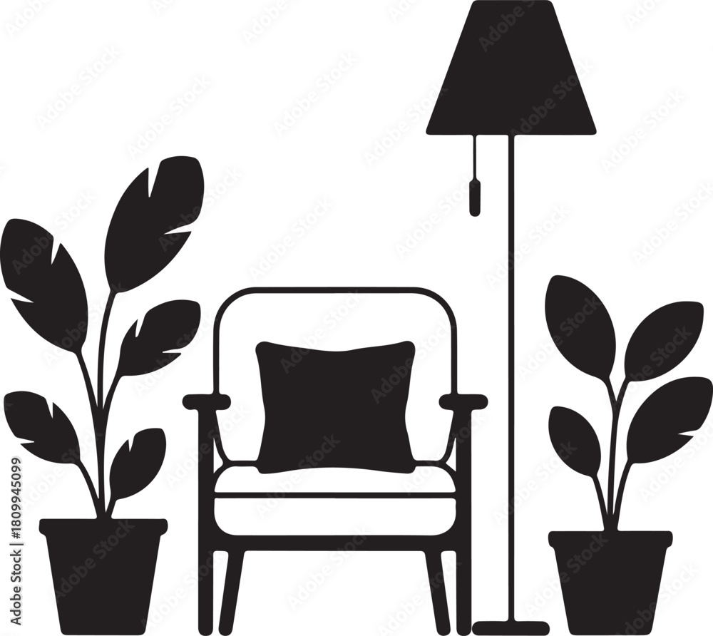 Fototapeta premium Minimal Black Silhouette Vector Set of Cozy Chair Setup Chair Cushion Lamp Plant