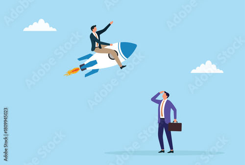 Vector illustration of a businessman flying ahead on a rocket while another businessman watches from below, symbolizing innovation, progress, ambition, and career acceleration
